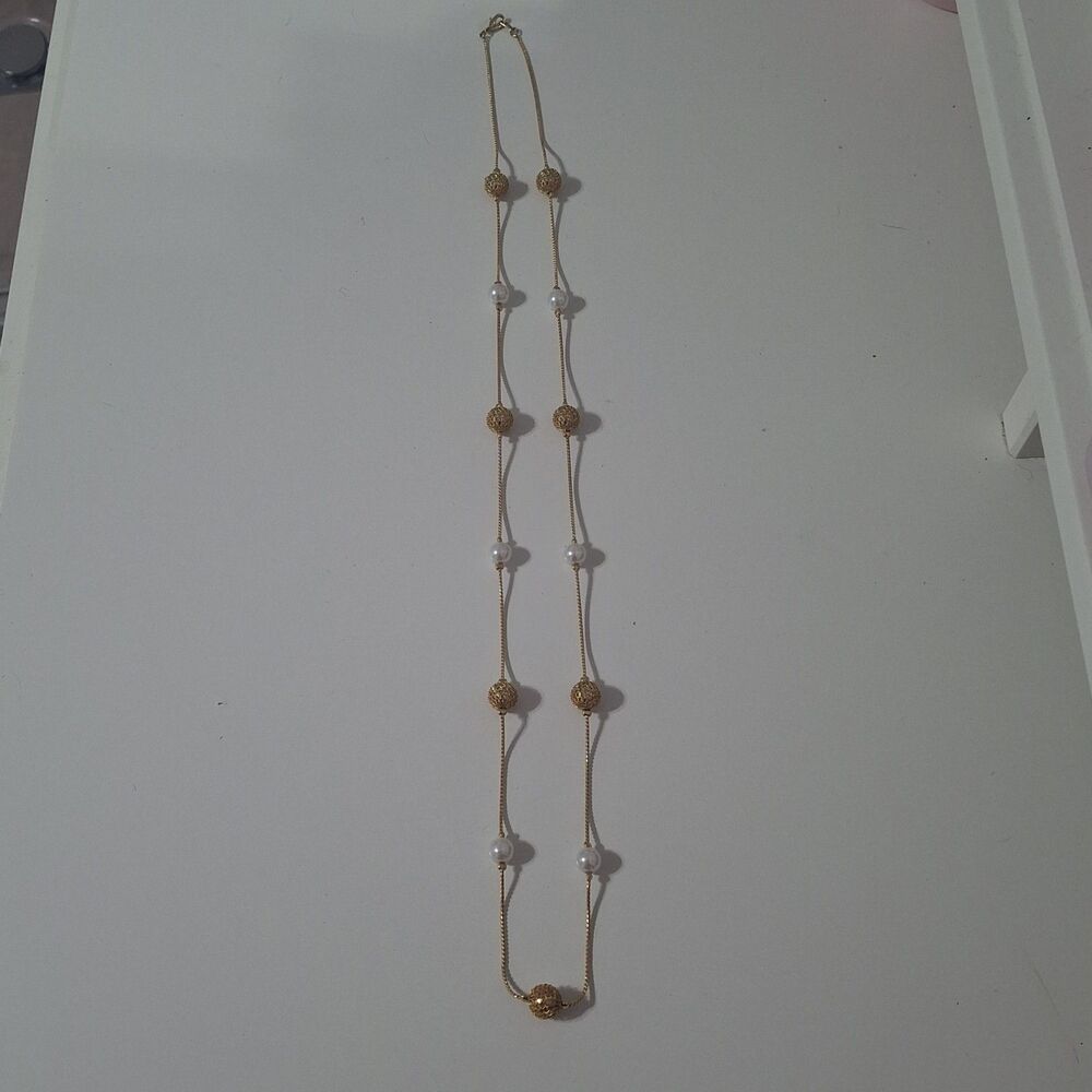 Single Strand Long Gold Tone Thin Chain Round Faux Pearl Beaded Necklace